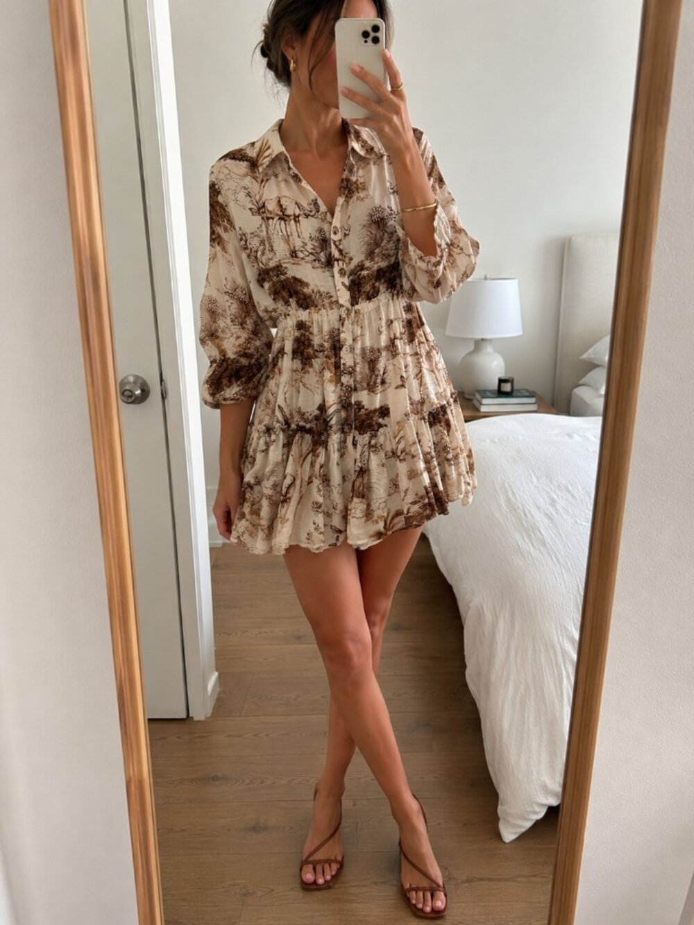 Sandro Paris Safari Print Linen Silk Shirt Mini Dress Beige Brown Size 38 (6)